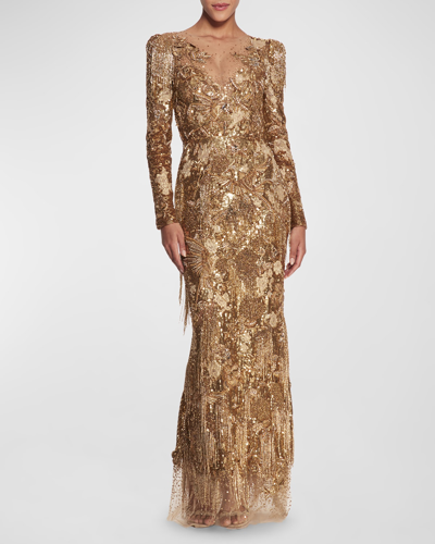 Shop Marchesa Crystal Metallic Fringe Embroidered Long-sleeve Trumpet Gown In Gold