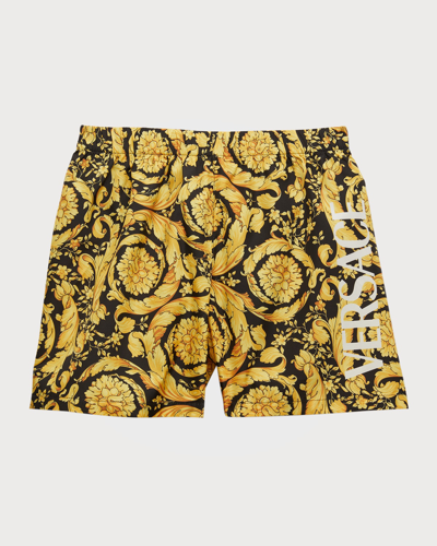 Shop Versace Boys Giada Barocco Swim Shorts In Black Gold