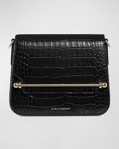 Shop Strathberry Ace Mini Croc-embossed Crossbody Bag In Black