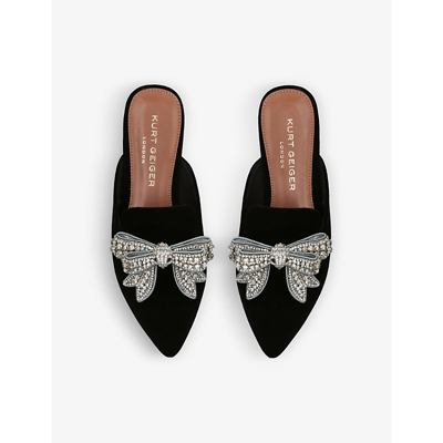 Shop Kurt Geiger London Womens Black Olive Bow Crystal-embellished Velvet Flat Mules