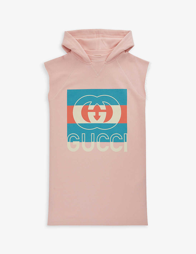 Shop Gucci Girls Smooth Pink/mc Kids Logo-print Hooded Cotton-jersey Dress 4-10 Years In Multi-coloured
