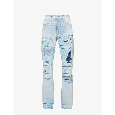 Shop Amiri Men's Stone Indigo Bandana Contrast-panel Distressed Straight-leg Jeans