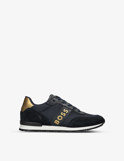 Shop Boss By Hugo Boss Logo-print Metallic-panel Mesh And Leather Low-top Trainers 9-10 Years In Navy
