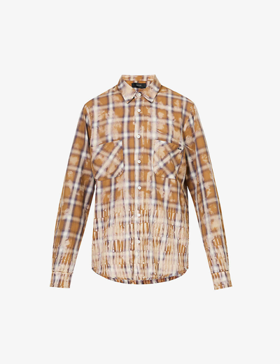 Shop Amiri Men's Brown Bleach Flannel Checked Raw-hem Cotton Shirt