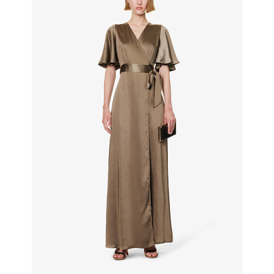 Shop Six Stories Women's Dark Olive V-neck Flutter-sleeve Satin Maxi Dress