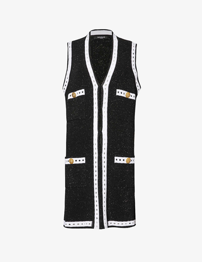Balmain V-neck Contrasting-border Cardigan In Black Silver White
