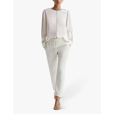 Shop Reiss Women's Cream Estella Contrast-tip Long-sleeve Stretch-woven Blouse