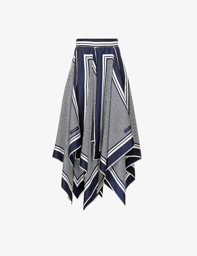 Shop Balmain Women's Bleu Marineblanc Monogram-pattern Pleated Silk Midi Skirt