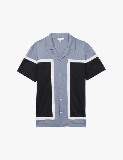 Shop Reiss Men's Airforce Blue Noble Colour-block Short-sleeve Cotton Shirt