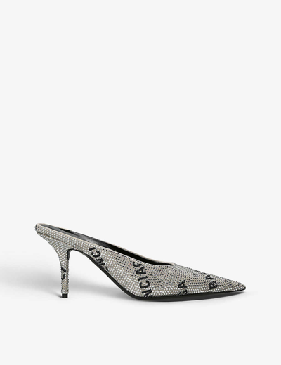 Shop Balenciaga Women's Silver Square Knife Crystal-embellished Leather Heeled Mules