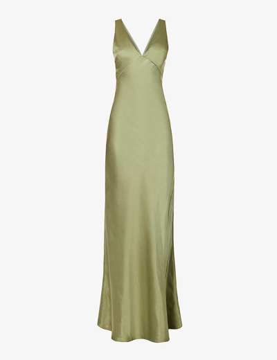 Shop Six Stories Women's Moss Green Twist-back V-neck Satin Maxi Dress