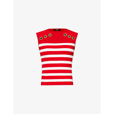 Shop Balmain Women's Bright Redwhite Button-embellished Striped Sleeveless Knitted Top