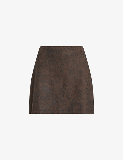 Shop Allsaints Womens Brown Lila Leopard-print Leather Mini Skirt