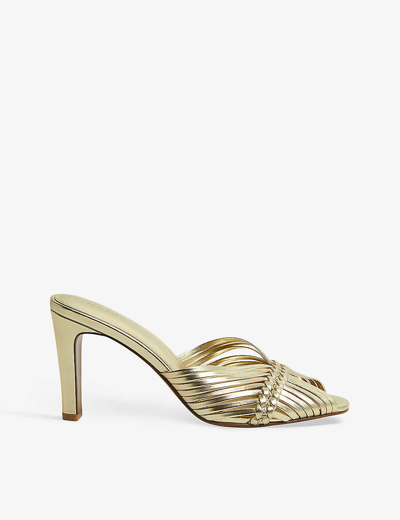 Shop Reiss Women's Gold Imogen Strappy Woven Heeled Leather Mules
