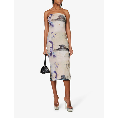Shop Miaou Womens Corsica Print Lila Abstract-print Slim-fit Recycled Polyester-blend Midi Dress