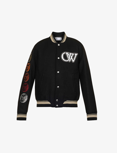Shop Off-white C/o Virgil Abloh Mens Black Brand-embroidered Regular-fit Wool-blend Jacket