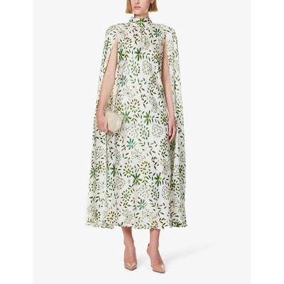 Shop Rodarte Women's Green Floral-print High-neck Silk Midi Dress