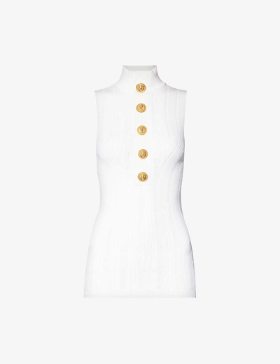 Shop Balmain Women's Blanc Slim-fit High-neck Knitted Top