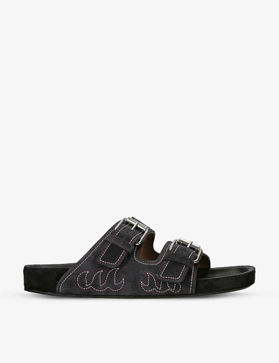 Shop Isabel Marant Lennyo Embroidered Suede Sandals In Blk/other
