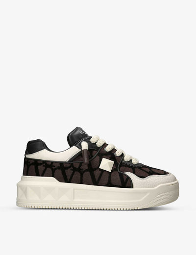 Shop Valentino One Stud Brand-embossed Leather And Canvas Low-top Trainers In Brown/oth