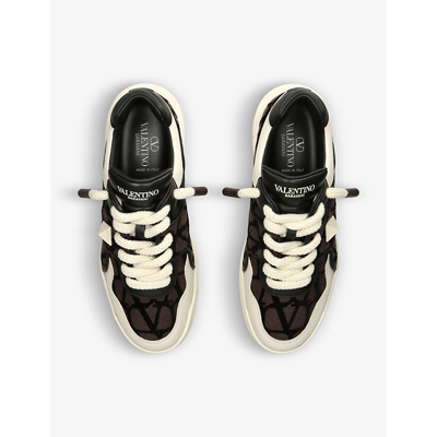 Shop Valentino One Stud Brand-embossed Leather And Canvas Low-top Trainers In Brown/oth