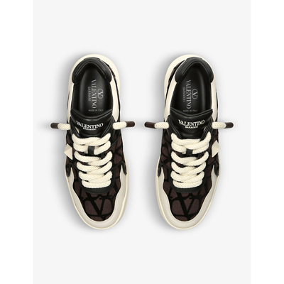 Valentino One Stud Xl Low-top Sneaker In Nappa Leather And Jacquard Toile Iconographe Technical Fabric In Brown/oth