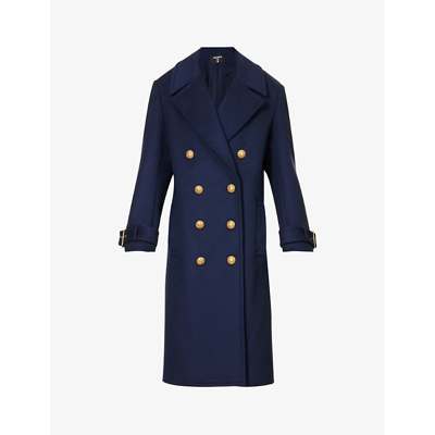 Shop Balmain Women's Navy Double-breasted Regular-fit Wool Coat
