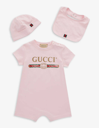 Shop Gucci Palepinksand/gre/red Logo-print Three Piece Cotton-jersey Set 0-9 Months In Multi-coloured