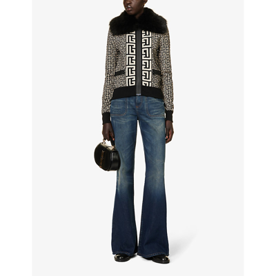 Shop Balmain Women's Ivoire Noir Monogram-patterned Collared Regular-fit Wool-blend Knitted Jacket
