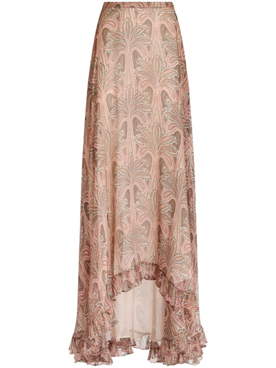 Shop Etro Palm Tree-print Silk Maxi Skirt In Pink