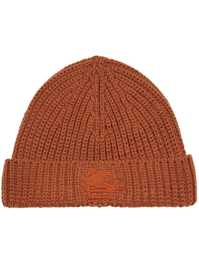 Shop Etro Pegaso Motif-embroidered Wool Beanie In Brown