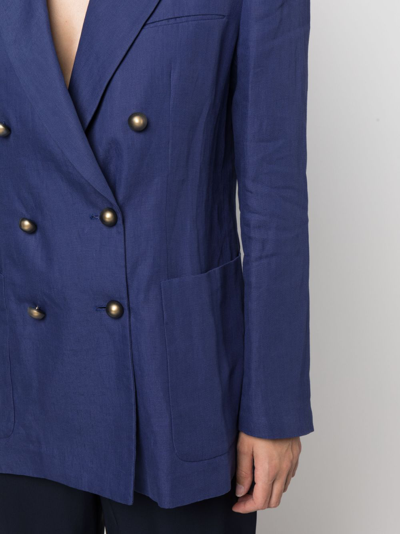 Shop Giorgio Armani Double-breasted Linen Blazer In Blue