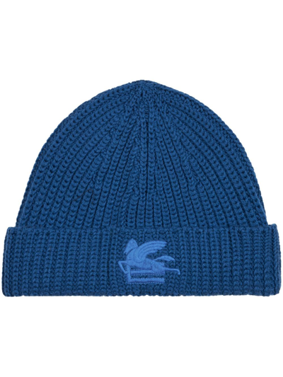 Shop Etro Pegaso Motif-embroidered Wool Beanie In Blue