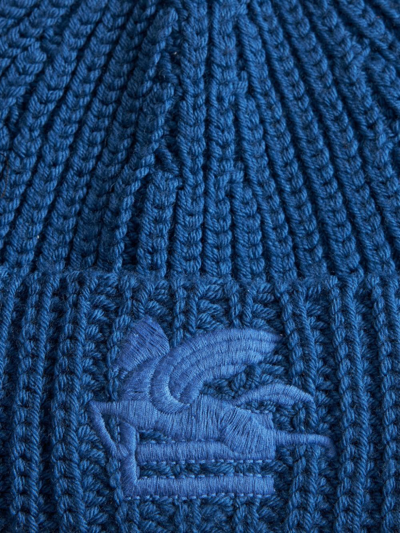 Shop Etro Pegaso Motif-embroidered Wool Beanie In Blue