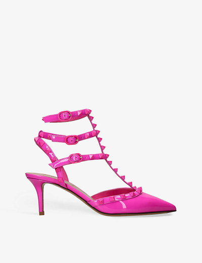 Shop Valentino Garavani Womens Pink Rockstud T-bar Stud-embellished Patent-leather Heeled Courts