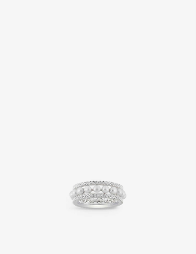 Shop Apm Monaco Women's Silver Double-band Pearl, Sterling-silver And Zirconia Ring In White