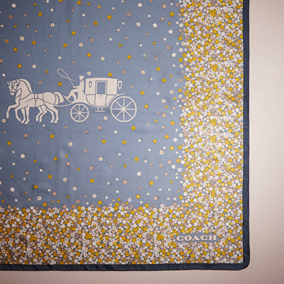 Coach Restored Horse And Carriage Tea Rose Print Silk Square Scarf In Denim