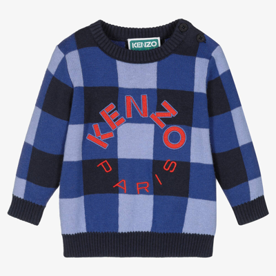 Babies Kids Boys Blue Check Cotton Knit Logo Jumper