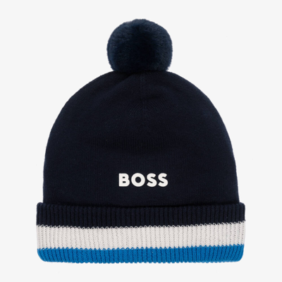 Shop Hugo Boss Boss Boys Navy Blue Cotton Knit Bobble Hat