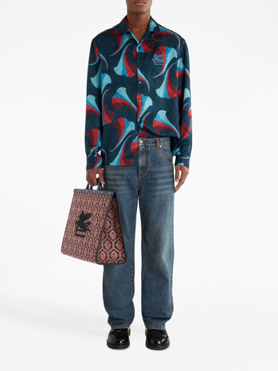 Shop Etro Floral-print Silk Bowling Shirt In Blau