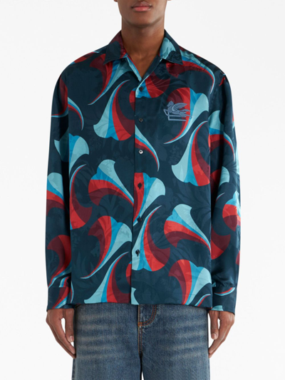 Shop Etro Floral-print Silk Bowling Shirt In Blau