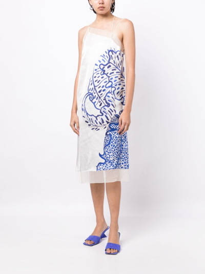 Ferragamo Floral-print Silk Mididress In Weiss