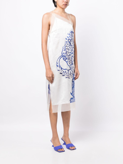 Ferragamo Floral-print Silk Mididress In Weiss