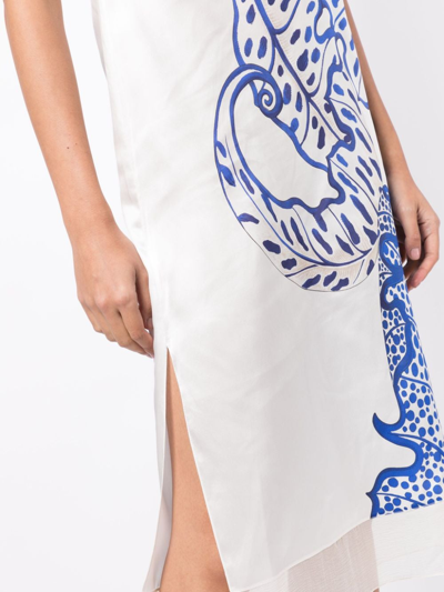 Ferragamo Floral-print Silk Mididress In Weiss