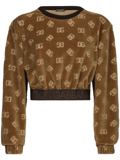 Shop Dolce & Gabbana Monogram-jacquard Cropped Sweatshirt In Brown