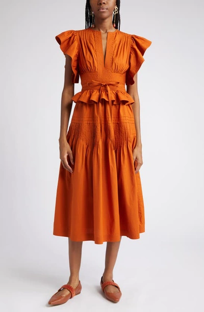 Shop Ulla Johnson Florence Plunge Neck Cotton Dress In Saffron