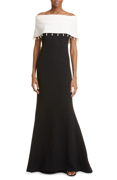 Shop Lela Rose Imitation Pearl Detail Off-the-shoulder Wool Blend Gown In Black/ Ivory