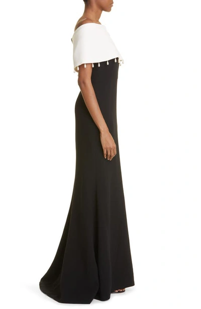 Shop Lela Rose Imitation Pearl Detail Off-the-shoulder Wool Blend Gown In Black/ Ivory