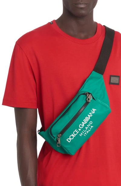 Shop Dolce & Gabbana Rubber Logo Nylon Belt Bag In Green/ Emerald