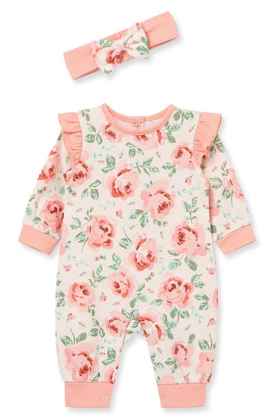 Shop Little Me Rose Print Romper & Headband Set In Pink